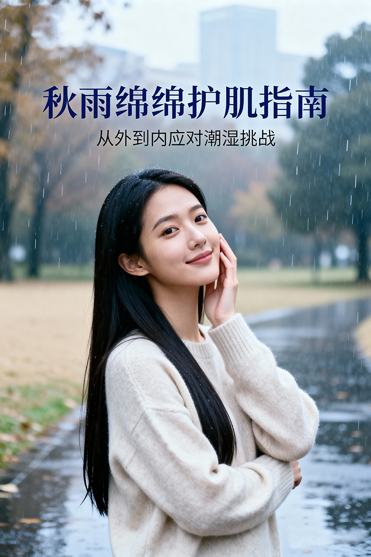 1760151603157519.jpg jimeng-2025-10-11-7039-一幅以秋雨绵绵为主题的护肤指南海报,采用真实摄影风格。主标题是“秋雨绵绵护肌指南...jpg