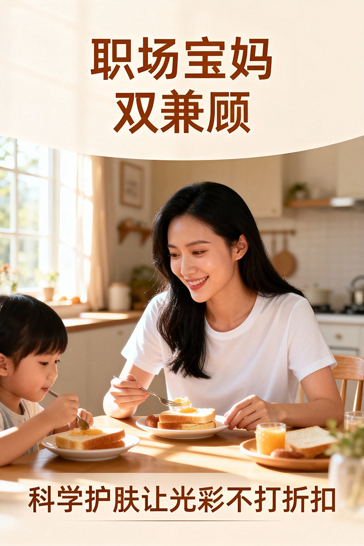 jimeng-2025-11-28-6090-温馨的家庭早餐时光，以温暖的晨光色调为主。画面上方是现代简洁字体标题“职场宝妈双...jpg